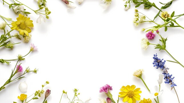 Wildflowers and green grass, bround circular arrangement of field wild flowers on white