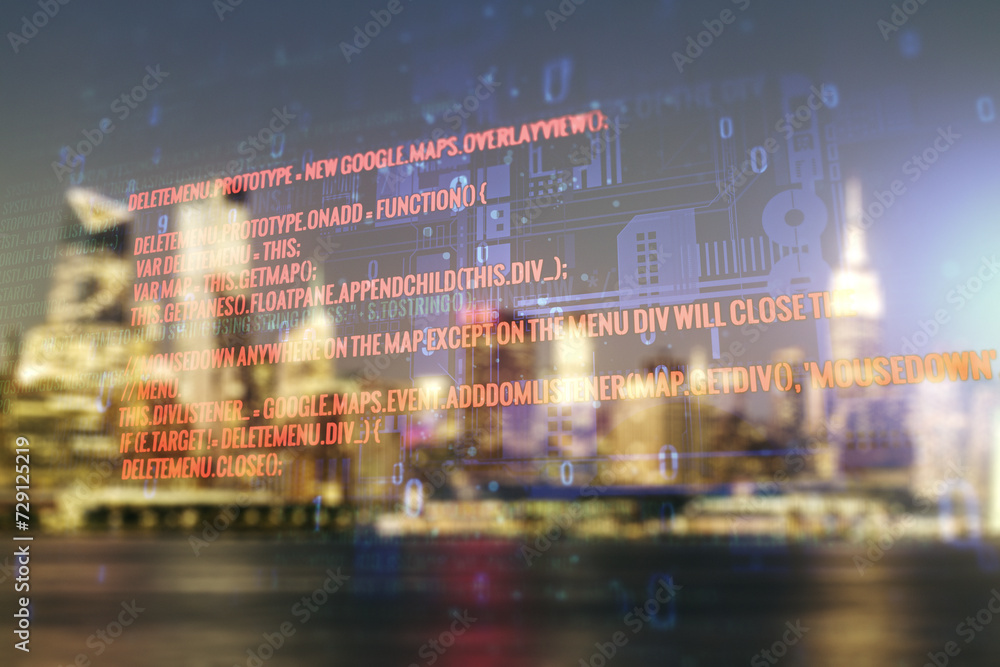 Poster abstract virtual coding concept on blurry skyline background. multiexposure