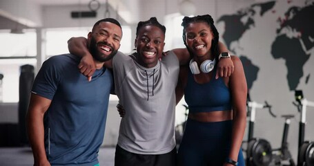 Face, group of people and gym training or workout with health, support and hug for accountability or happy exercise. Portrait of team, friends or personal trainer with membership and sports fitness