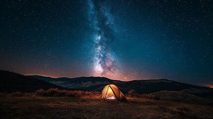 Fototapeta na wymiar Night landscape with dark skies and stars, the milky way across the entire sky, a small illuminated tent on the ground,