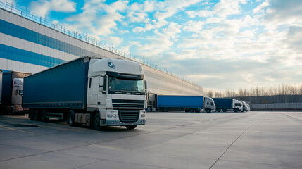 Freight transportation and warehouse logistics, trucks trailer docking at warehouse