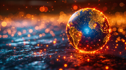 Obraz premium Illustration of Earth from space, showcasing a global view with continents and oceans against a backdrop of stars and cosmic light