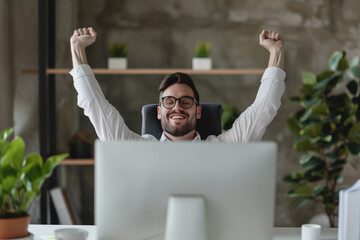 businessman raising hands and celebrating success at office indoor workspace wallpaper concept banner, Employee Appreciation Day concept photograph - Powered by Adobe