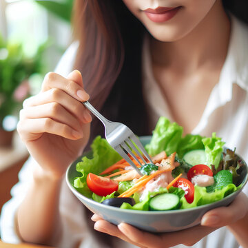 Closeup woman eating healthy food salad, focus on salad and fork