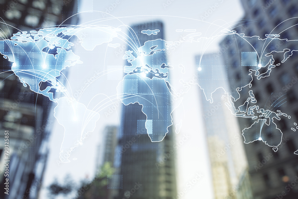 Poster double exposure of abstract digital world map hologram with connections on blurry cityscape backgrou