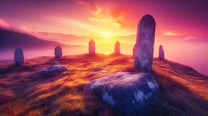 Serene stone landscape in a graveyard at sunset, creating a peaceful yet somber atmosphere with a focus on memory and reflection - obrazy, fototapety, plakaty
