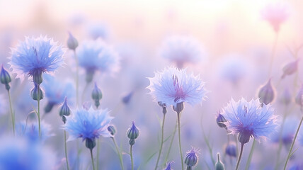delicate blue flowers, soft pastels, cornflowers in the morning mist on a wild field - obrazy, fototapety, plakaty