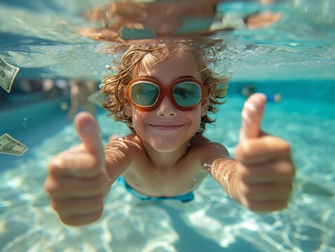 Summer Swim Vibe Young Boy Gives Thumbs Up in Swimming Pool Generative AI