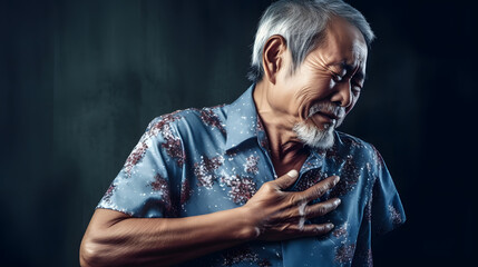 Pain in the shoulder joint of Asian elder man. Concept of frozen shoulder. generative AI.