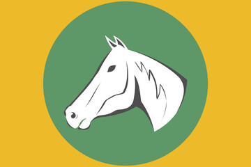 Obraz premium This is a white horse head logo with a green circle and yellow backround, suitable for logos for horse farms, horse conservation, wild horse milk, plastic shops