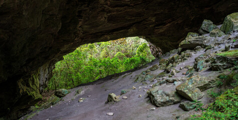 Obraz premium Majestic Cave Entrance Overlooking a Lush Green Forest