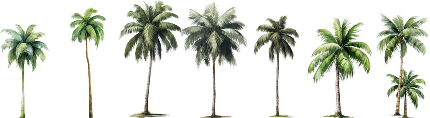 Set of watercolor coconut trees on transparent background.