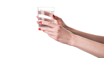 Glass of pure water in hand isolated on white background