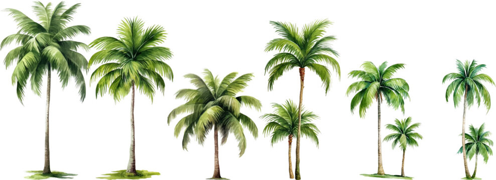 Set of watercolor coconut trees on transparent background.