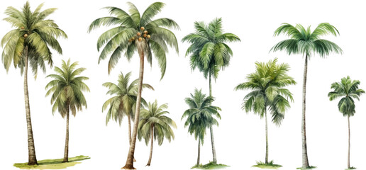 Set of watercolor coconut trees on transparent background.