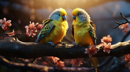 A pair of parakeets chatting on a branch