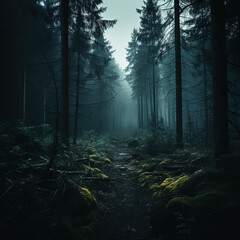 A dense forest on a dark and misty night