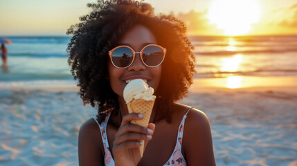 Beautiful smiling afro Caribbean black young woman eating an ice cream on a beach with the sea in...