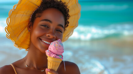 Beautiful smiling afro Caribbean black young woman eating an ice cream on a beach with the sea in the background