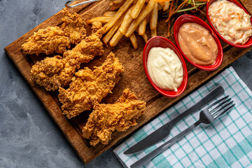 Crispy chicken meal with sauce, vegetables and french fries