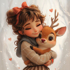 Cute girl with curly hair with a shiny bow, in a menthol T-shirt with strawberries, skirt with pockets, striped tights and shoes with clasps, hugging a big Cute Rudolph 