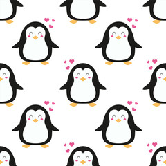 cute seamless pattern with cartoon penguin and hearts, wallpaper for gift wrap paper, valentine or birthday card