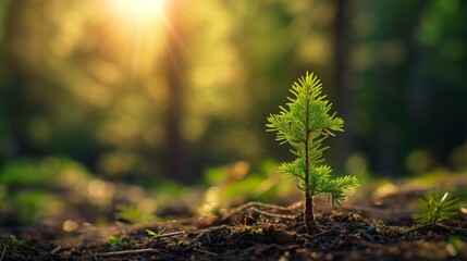 a conifer seedling grows in a forest – a symbol for sustainability, growth and new beginning - obrazy, fototapety, plakaty
