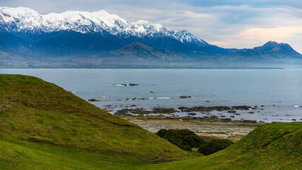 panorama of kaikoura peninsula in north canterbury, new zealand; famous rocky peninsula with cliffs...
