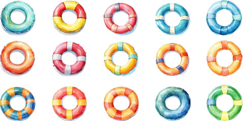 Set of watercolor swimming rings on transparent background.