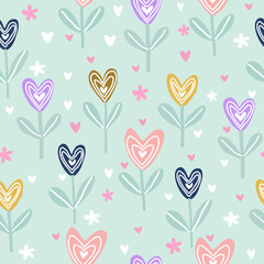 Seamless valentine pattern with heart trees. Hand drawn flowers and hearts used for wallpaper, textiles and prints.