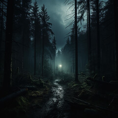 A dense forest on a dark and misty night
