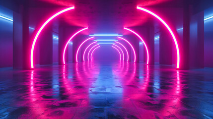 Futuristic neon tunnel with glowing blue lights, presenting a modern and abstract design concept in a vibrant and electric indoor space