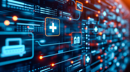 Digital technology in medicine, featuring icons and virtual interfaces, symbolizing the integration of healthcare and advanced tech innovations