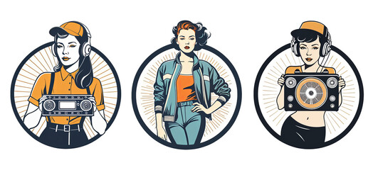 Set of 3 modern retro women singer badge, creative diverse people, radio, boombox, jeans