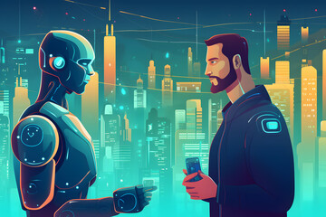 person talking with robotic ai.futuristic technology or machine learning. generative AI.