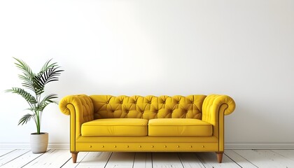 Interior design of yellow couch on a white wall with copy space