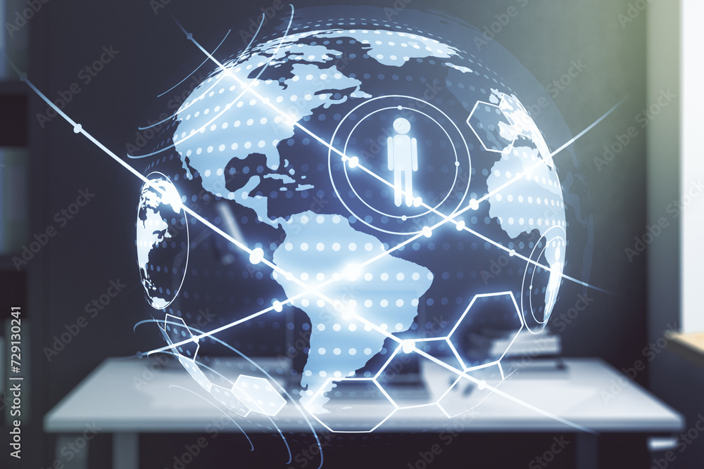Poster social network concept with world map and modern desktop with computer on background. multiexposure