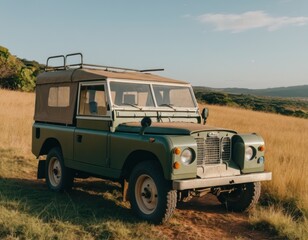 African Safari Wildlife with an old landrover parked on a hillside