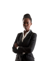 Portrait of a young african business woman standing with arms folded, isolated on transparent background.