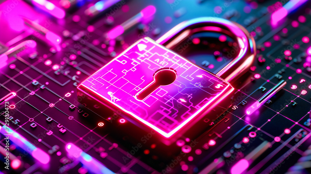 Poster high-tech digital security concept with a padlock and complex network, representing the importance o