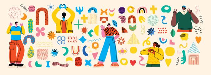 Abstract contemporary modern trendy Vector illustrations. Colorful palette. Set of Hand drawn various Shapes and Doodle objects and People silhouettes.