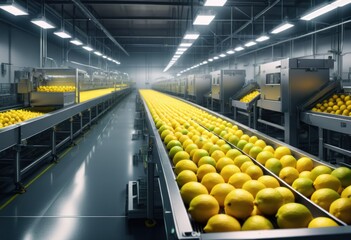 Automated lemon processing facility with conveyors full of fresh lemons. Concept of organic...
