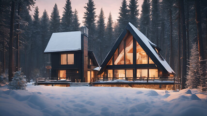 A cozy wooden house tucked away in a snow-covered forest, offering a serene and picturesque winter escape.