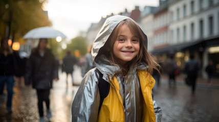 Fototapeta premium Schoolgirl in the middle of a rainy street.