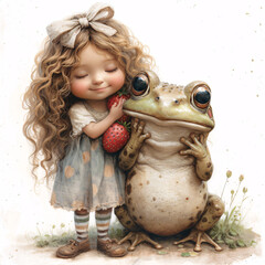 Cute girl with curly hair with a shiny bow, in a menthol T-shirt with strawberries, skirt with pockets, striped tights and shoes with clasps, hugging a big Cute Frogs