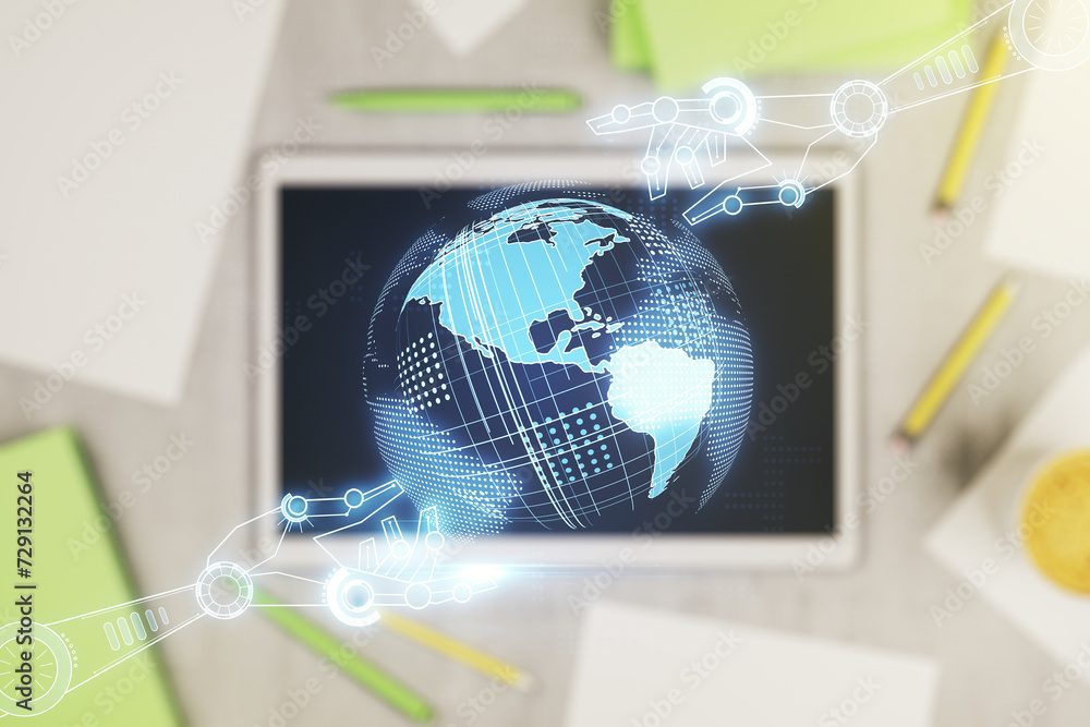 Leinwandbilder creative concept of robotics technology with globe sketch and modern digital tablet on background, t