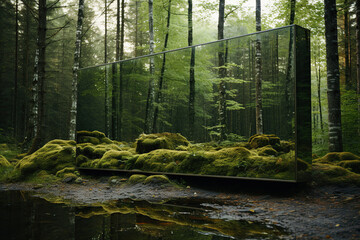Large mirrors in the autumn forest. Generated by artificial intelligence