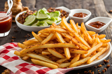 fresh fries with ketchup on plate ,fast food