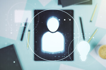 Double exposure of social network icons concept and modern digital tablet on background. Networking concept