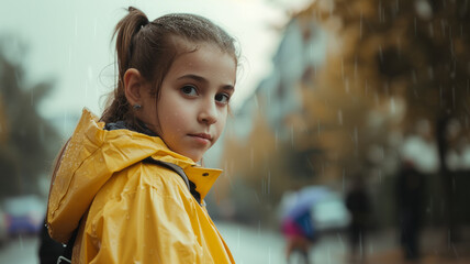 A little sad girl in the middle of a cloudy street.
